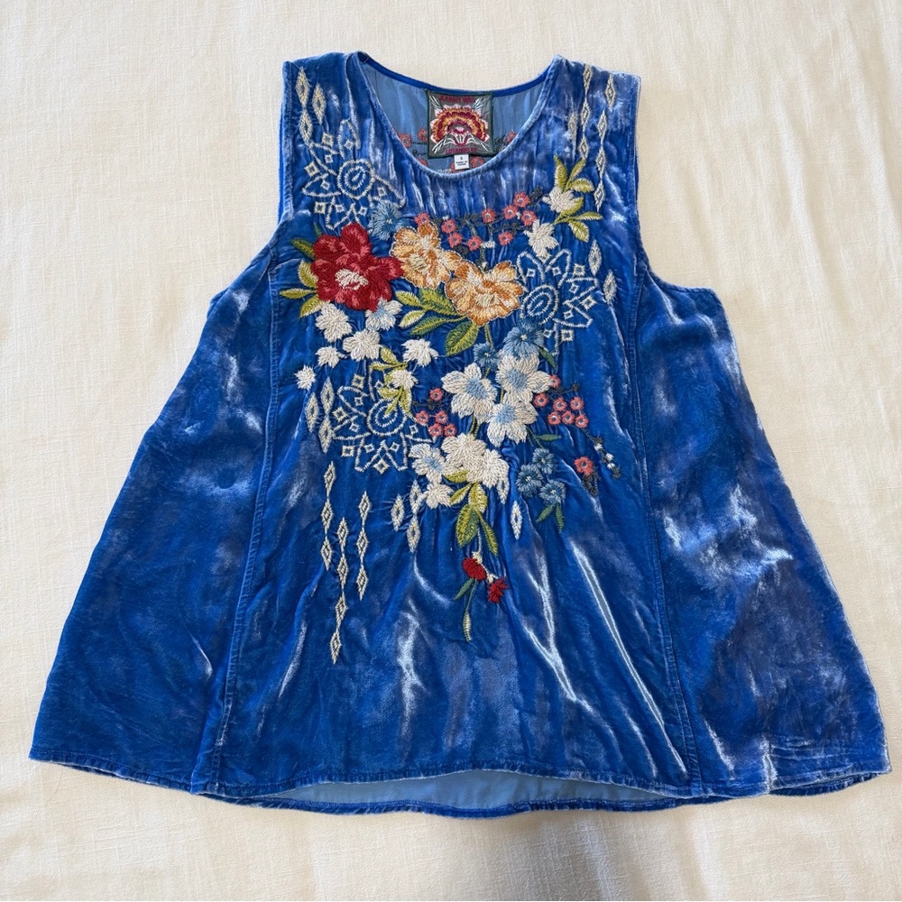 Johnny Was Blue Top with Floral Embroidery